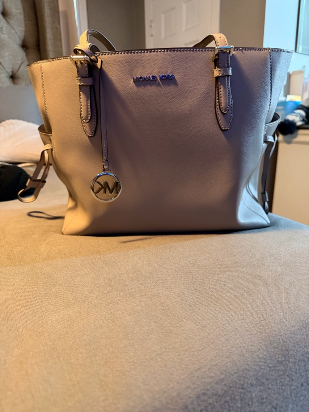 Michael Kors Taupe Leather Saffiano Tote with MK Charm